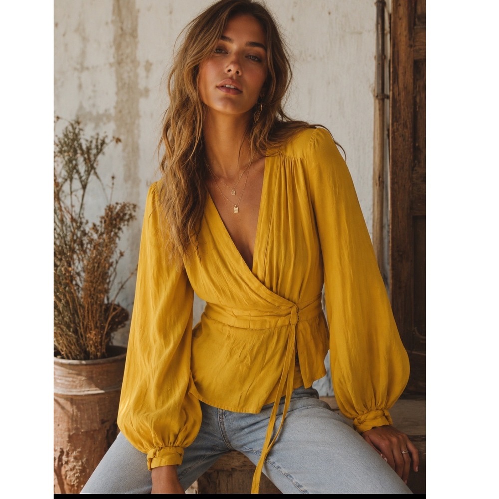 ASOS Mustard Yellow Wrap Top Deep V-Neck Balloon Sleeve Open Back Sz 8